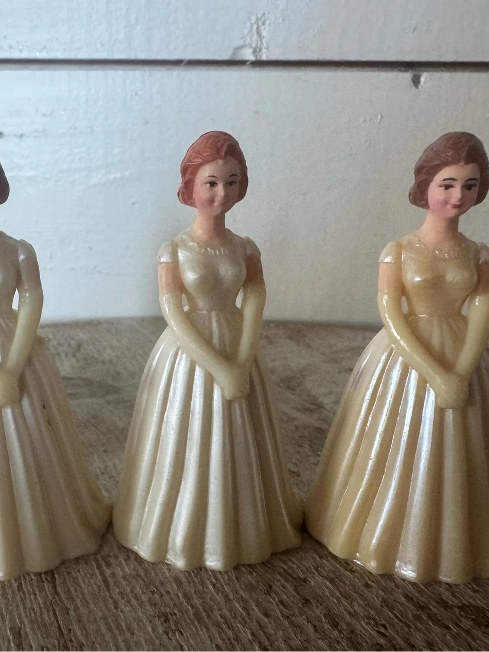 Vintage Plastic Lady Figurine Trio in Ivory with Pink Hair